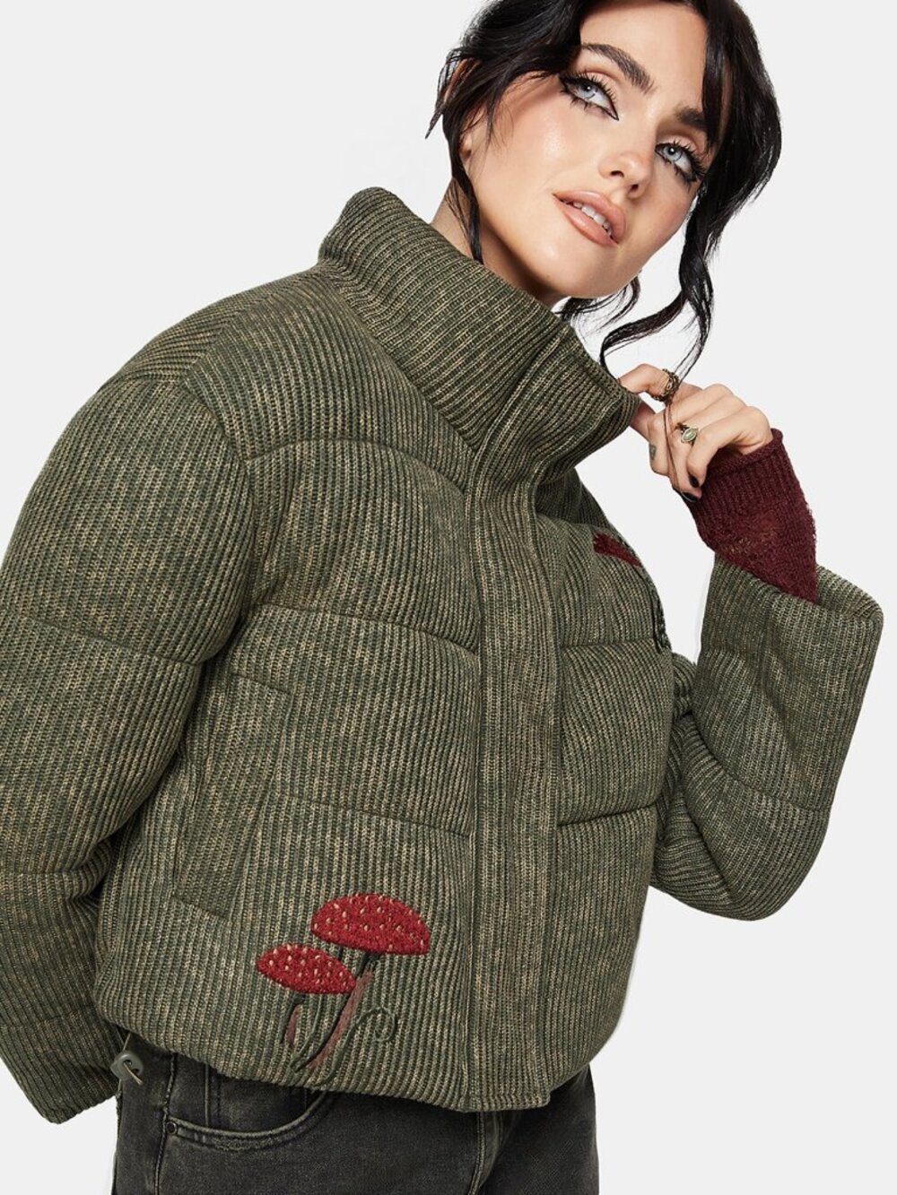 NWOT! Disturbia Green/Red Sylvia Embroidered Mushrooms Cropped Puffer Jacket